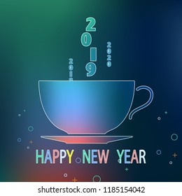 New Year 2019. Calendar, Inscription. Cup of coffee. Festive modern minimalist. Creative rooms. Multicolored, background. Smartphone notebook. Futuristic banner, multicolored, poster, illustration, wh
