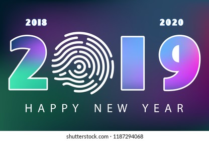 New Year 2019. Calendar. inscription white Holiday Modern minimalist. Creative rooms. fingerprint Multicolored background. Smartphone laptop, phone. Futuristic design. Banner, poster, numbers, cover