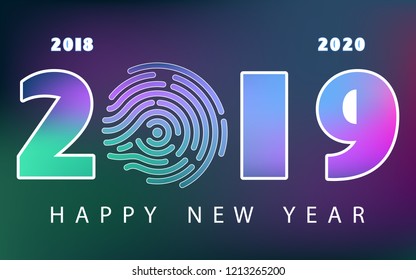 New Year 2019. Calendar. inscription white Holiday Modern minimalist. Creative rooms. fingerprint Multicolored background. Smartphone laptop, phone. Futuristic design. Banner, poster, numbers, cover