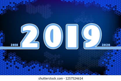 New Year 2019. Calendar. Numbers, white numbers, christmas. Holiday modern minimalism. Dark, blue background.Touch screen, banner, poster, bee honeycomb, blue hexagon, illustration, flat design,vector