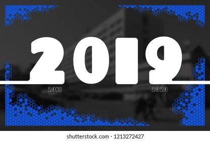 New Year 2019. Calendar. Rooms, white numbers, Merry Christmas. Holiday. Silhouette numbers. Black and white photo, background. Touch screen, Banner, poster, bee honeycomb, illustration, flat design