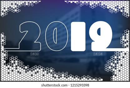 New Year 2019. Calendar. Rooms, white numbers, Merry Christmas. Holiday. Silhouette numbers. Black and white photo, background. Touch screen, Banner, poster, bee honeycomb, illustration, flat design