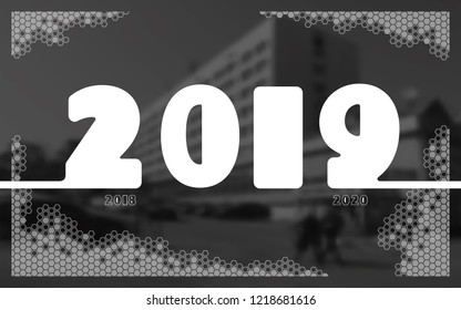 New Year 2019. Calendar. Rooms White numbers, merry Christmas. Festive modern minimalist. Black and white photo, background. Touch screen. Banner, poster, figures, bee honeycomb, illustration flat des