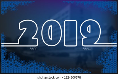 New Year 2019. Calendar. Rooms, white numbers, Merry Christmas. Holiday. Silhouette numbers. Black and white photo, background. Touch screen, Banner, poster, bee honeycomb, illustration, flat design