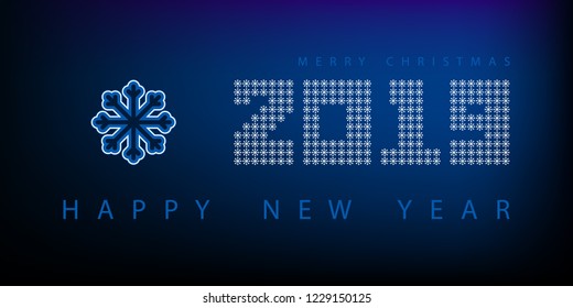 New Year 2019. Calendar.Blue abstract background. Festive modern. A composition of snowflakes. Creative rooms. Smartphone laptop.Futuristic Banner, Poster,Numbers, Illustration, Flat Design, Text,Font