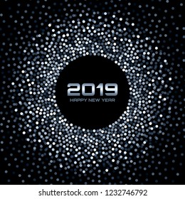 New Year 2019 Card Background. Blue white glitter paper confetti. Glistening  Disco Lights. Glow circular frame using halftone circle confetti dots texture. Christmas round border element. Vector