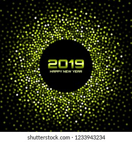 New Year 2019 Card Background. Green glitter paper confetti. Glistening green disco lights. Glow circular frame using halftone circle confetti dots texture. Christmas round border element. Vector