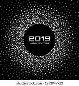 New Year 2019 Card Background. Glitter paper white confetti. Glistening Gray Disco Lights. Gray silver circular frame using halftone circle confetti dots texture. Christmas border element. Vector