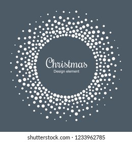New Year 2019 Card Background. Snow flake circle frame. Halftone round snowflake dotted frame. Christmas white circular frame using halftone circle snow dots texture. Vector illustration.