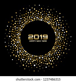 New Year 2019 Card Background. Gold glitter paper confetti. Glistening Golden Disco Lights. Glow circular frame using halftone circle confetti dots texture. Christmas round border element. Vector