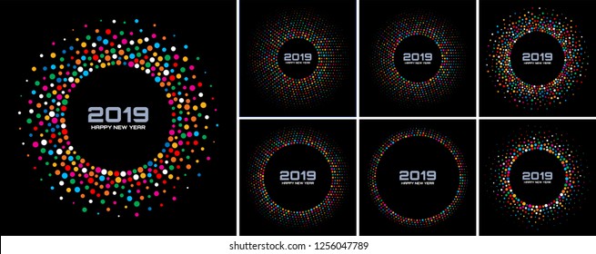 New Year 2019 Card Backgrounds Set. Bright Colorful Disco Lights Halftone Circle Frame Isolated On Black Background. Confetti Circle Border Using Rainbow Colors Dots Texture. Vector Collection.