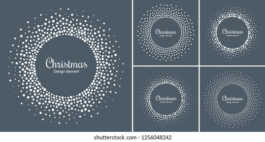 New Year 2019 Card Backgrounds set. Snow flake circle frame. Halftone round snowflake dotted frame. Christmas white circular frame using halftone circle snow dots texture. Vector collection.