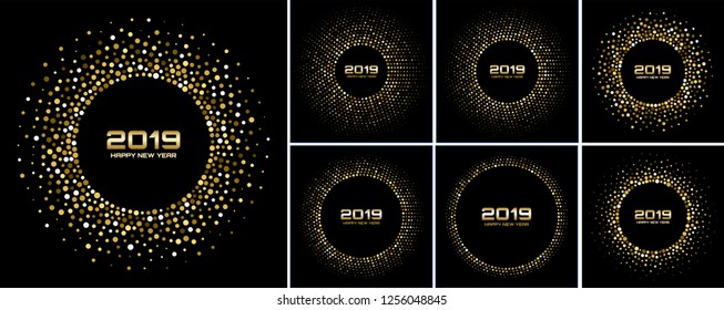 New Year 2019 Card Backgrounds set. Gold glitter paper confetti. Glistening Golden Disco Lights. Glow circular frame using halftone circle confetti dots texture. Christmas gold collection. Vector