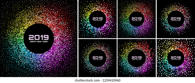 New Year 2019 Card Backgrounds set. Bright Colorful Disco Lights Halftone Circle Frame isolated on black background. Confetti circle border using rainbow colors dots texture. Vector collection.