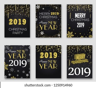 New Year 2019 card and Merry Christmas holiday invitation background concept. Happy New Year 2019 text design. Vector greeting card illustration with golden numbers and snowflakes.