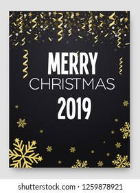 New Year 2019 card and Merry Christmas holiday invitation background concept. Happy New Year 2019 text design. Vector greeting card illustration with golden numbers and snowflakes.