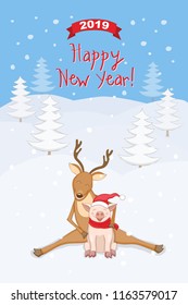 New year 2019 card with smiling cartoon reindeer, piggy in santa hat, numeric 2019 on the red ribbon and handwritten text  Happy New Year on the winter landscape background. eps 10
