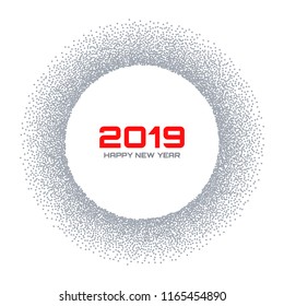 New Year 2019 card. Snow flake circle frame. Halftone gray dots background. Christmas round. Vector illustration