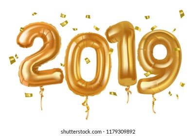 New year 2019 celebration. Gold balloons toy. Vector