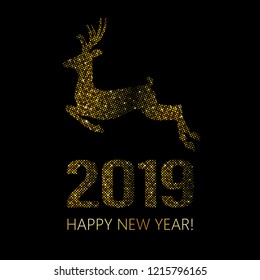 New Year 2019 Christmas Background. Gold bright disco dots. Halftone xmas deer. Golden reindeer using halftone circle dots. Christmas design element. Vector illustration