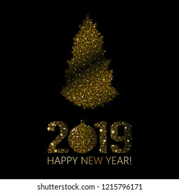 New Year 2019 Christmas Background. Gold bright disco dots. Halftone xmas ball and fir tree. Golden tree using halftone circle dots. Christmas design element. Vector illustration