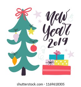 New Year 2019 Christmas card. Vector illustration 