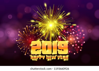 New Year 2019 Christmas firework. Festive Colorful fireworks on dark blue background. Set of Vector realistic fireworks illustration.