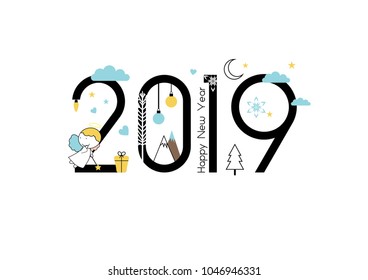 New Year 2019 and Christmas flat line design with small angels.