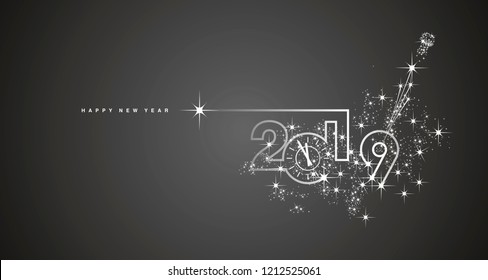 New Year 2019 clock line design sparkle firework champagne white black vector