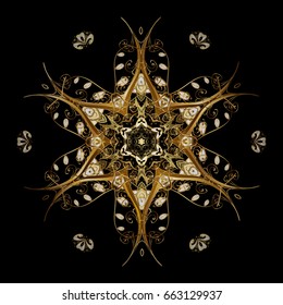 New Year 2019 collection. Black golden snowflakes in abstract style. Freehand ethnic Xmas sketch. Ornamental artistic vector illustration in black colors for Merry christmas cards.