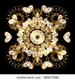 New Year 2019 collection. Ornamental artistic vector illustration in black colors for Merry christmas cards. Black golden snowflakes in abstract style. Freehand ethnic Xmas sketch.