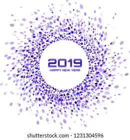 New Year 2019 colorful card. Christmas colorful bright violet circle frame isolated on white background. Confetti circles design. Vibrant colorful dots backdrop. Vector illustration.