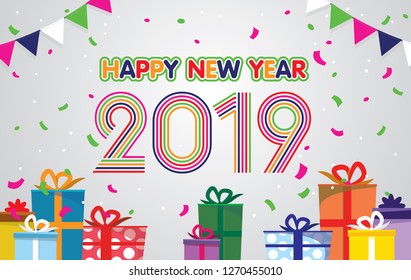 New year 2019 Colourful with gift box design Vector Illustration