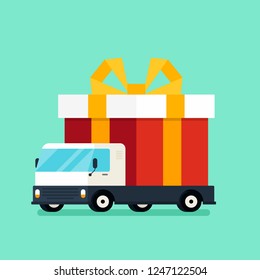 New year 2019 concept with gift box on truck flat design style. Design element template can be used for greeting card, postcard, backdrop, brochure, advertisement, publication, vector illustration