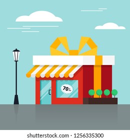 New year 2019 concept with gift box store flat design style. Design element template can be used for greeting card, postcard, backdrop, brochure, advertisement, publication, vector illustration
