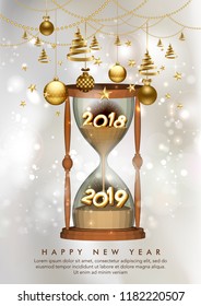 New Year 2019 concept with hourglass falling sand with christmas background