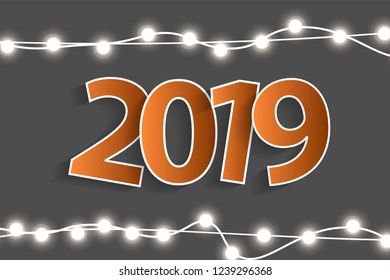 New Year 2019 concept with orange paper cuted white numbers on realistic Christmas lights decorations on grey background. For greeting cards. Vector illustration