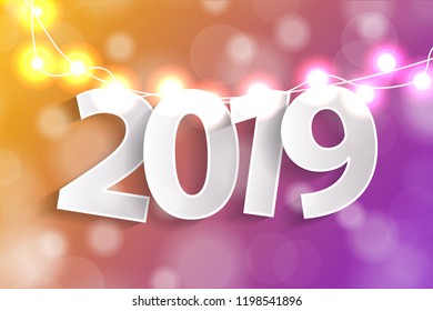 New Year 2019 concept with paper cuted white numbers on realistic Christmas lights decorations on yellow and violet background. For greeting cards. Vector illustration