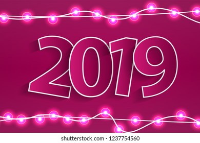 New Year 2019 concept with paper cuted white numbers on realistic Christmas lights decorations on pink background. For greeting cards. Vector illustration