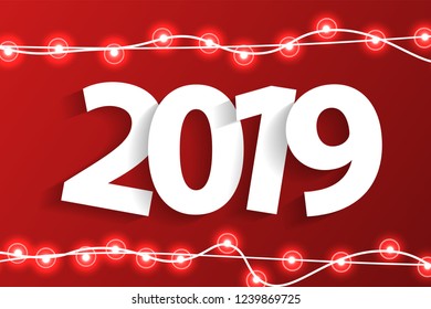 New Year 2019 concept with paper cuted white numbers on realistic Christmas lights decorations on red background. For greeting cards. Vector illustration
