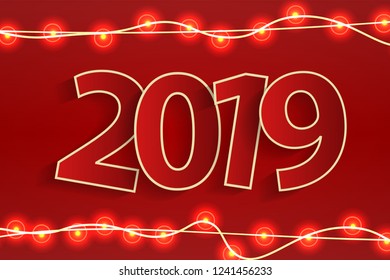 New Year 2019 concept with paper cuted white numbers on realistic Christmas lights decorations on red background. For greeting cards. Vector illustration