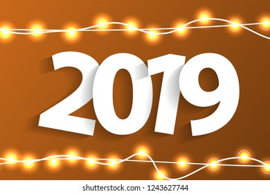 New Year 2019 concept with paper cuted white numbers on realistic Christmas lights decorations on orange background. For greeting cards. Vector illustration