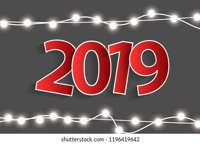 New Year 2019 concept with red paper cuted white numbers on realistic Christmas lights decorations on grey background. For greeting cards. Vector illustration