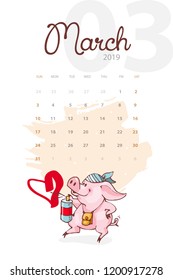 New Year 2019. Creative calendar for March with cute pig. Concept, vector vertical editable template. Symbol of the year in the Chinese calendar. Cartoon. Isolated. Vector illustration