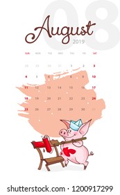 New Year 2019. Creative calendar for August with cute pig. Concept, vector vertical editable template. Symbol of the year in the Chinese calendar. Cartoon. Isolated. Vector illustration