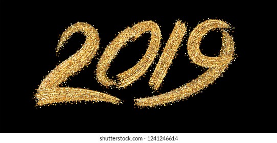 New Year 2019 creative poster with golden brush stroke design on black backdrop. Festive decoration. Vector background.