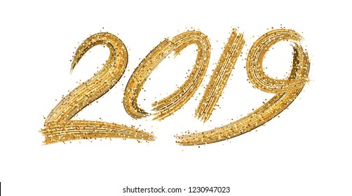 New Year 2019 creative sign with golden brush stroke design on white backdrop. Festive decoration. Vector background.