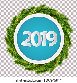 New Year 2019 cyan greeting card concept with christmas tree branches isolated. Vector illustration