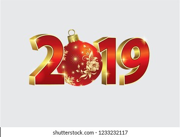 New Year 2019. Date on a light background in 3d format with a ball. Vector illustration.