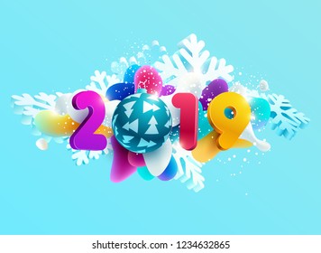 New year 2019.  Design greeting card with snowflakes, ball and numbers